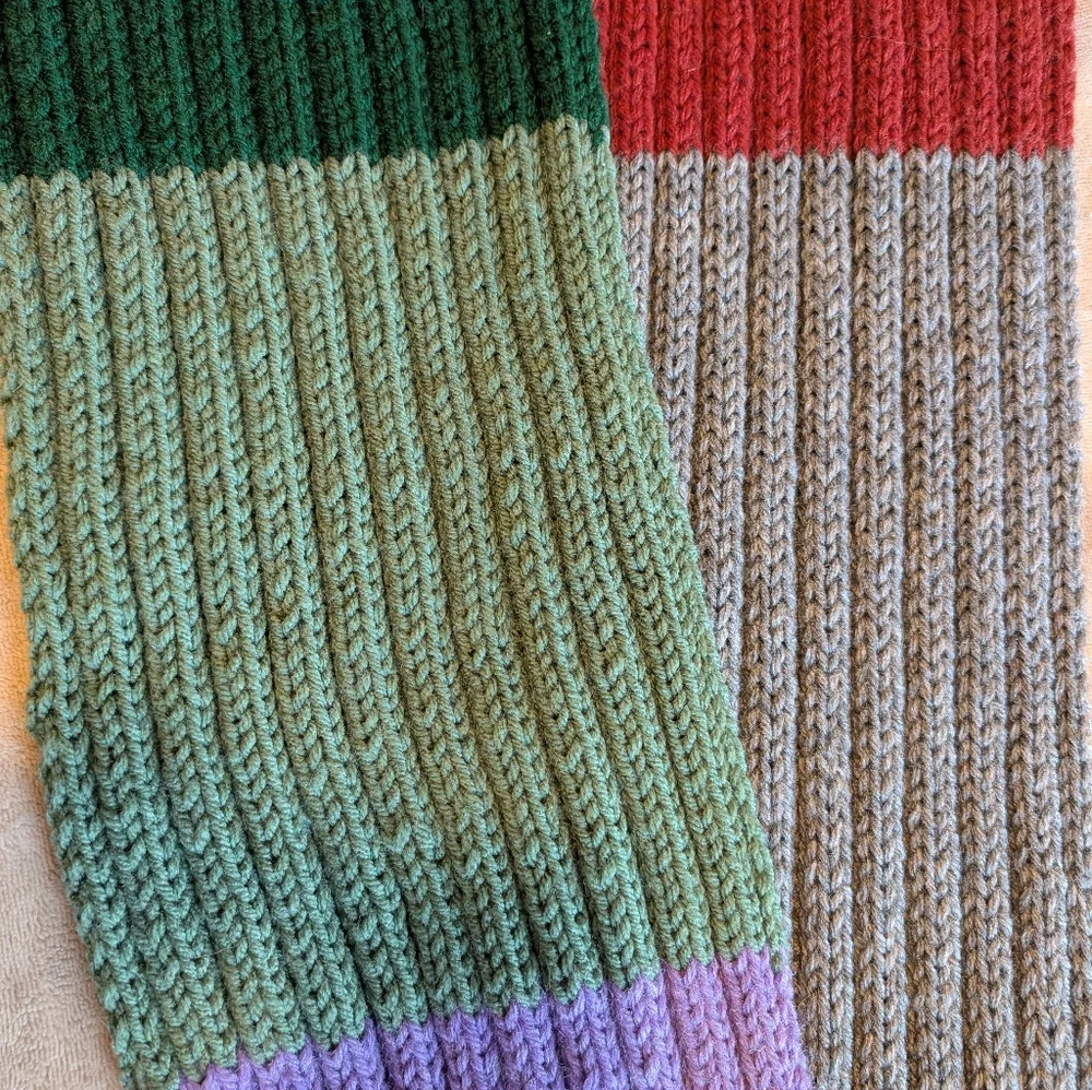 Hand Knit Ribbed Dr. Who Style Color Block Scarf With Fringe